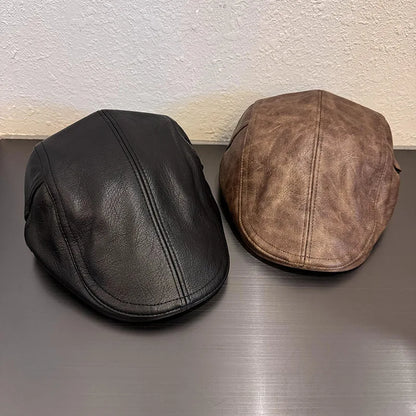 American Retro Leather Plain Baker Boy Hat For Women Autumn Winter Unisex Beret