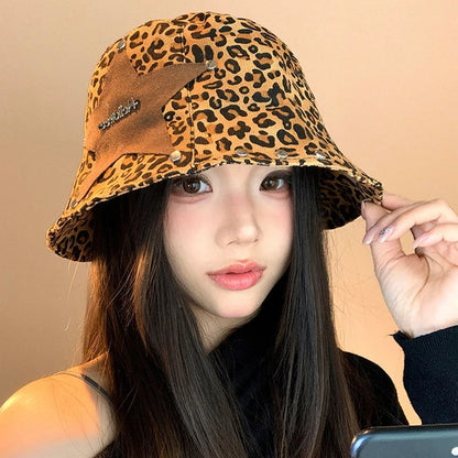 Y2K American Retro Street Leopard Print Rivet Fisherman Hat