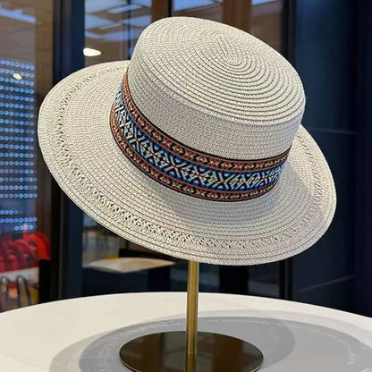 Woven Flat-Top Straw Hat For Women Summer