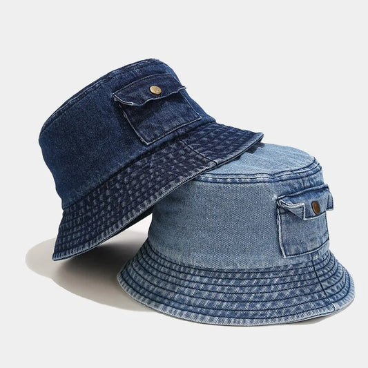 Korean Denim Bucket Hat For Women Vintage Solid Color Fisherman Cap