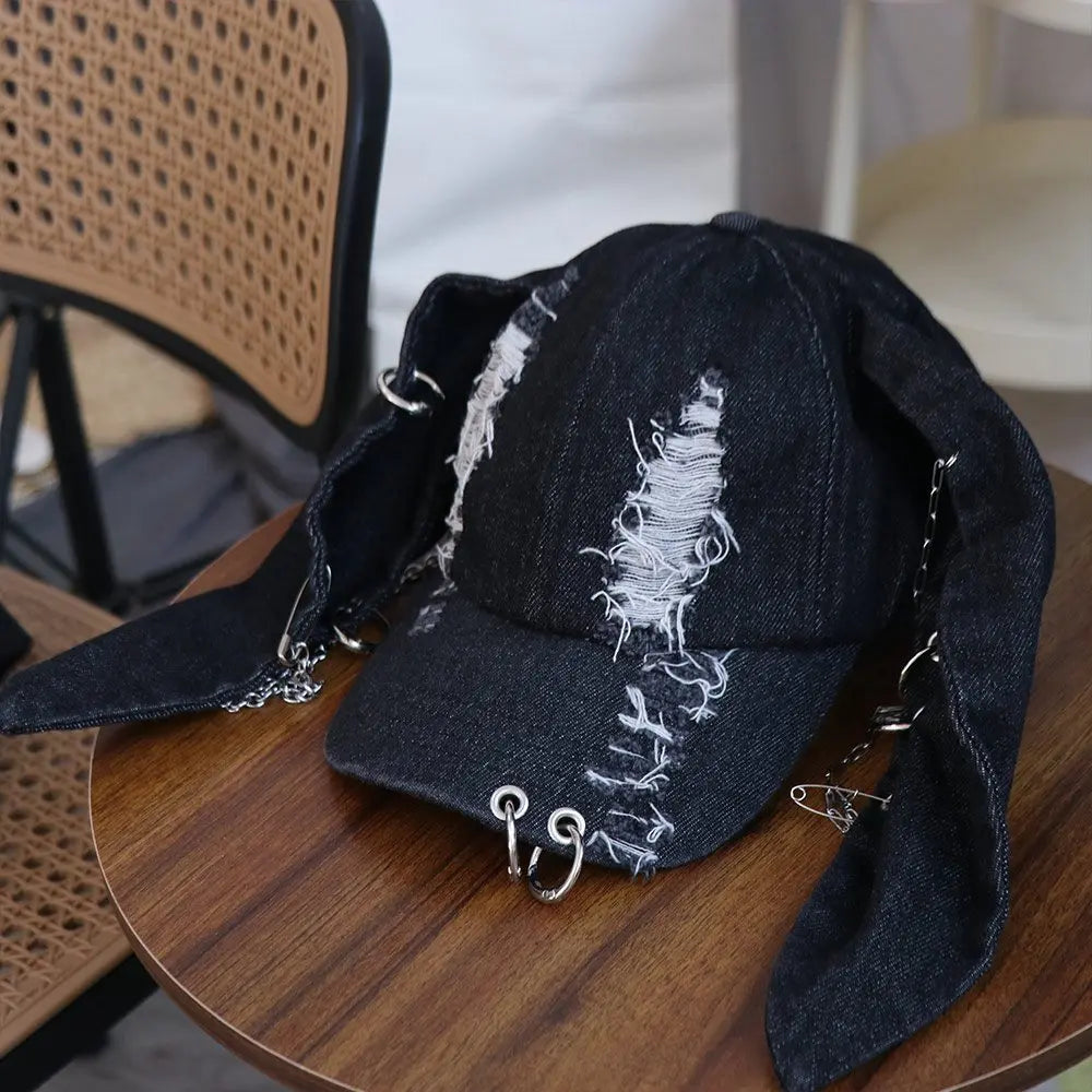 Rabbit Ripped Denim Baseball Cap Puppy Y2K Chains Doberman Ears Hat