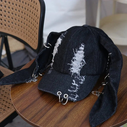 Rabbit Ripped Denim Baseball Cap Puppy Y2K Chains Doberman Ears Hat