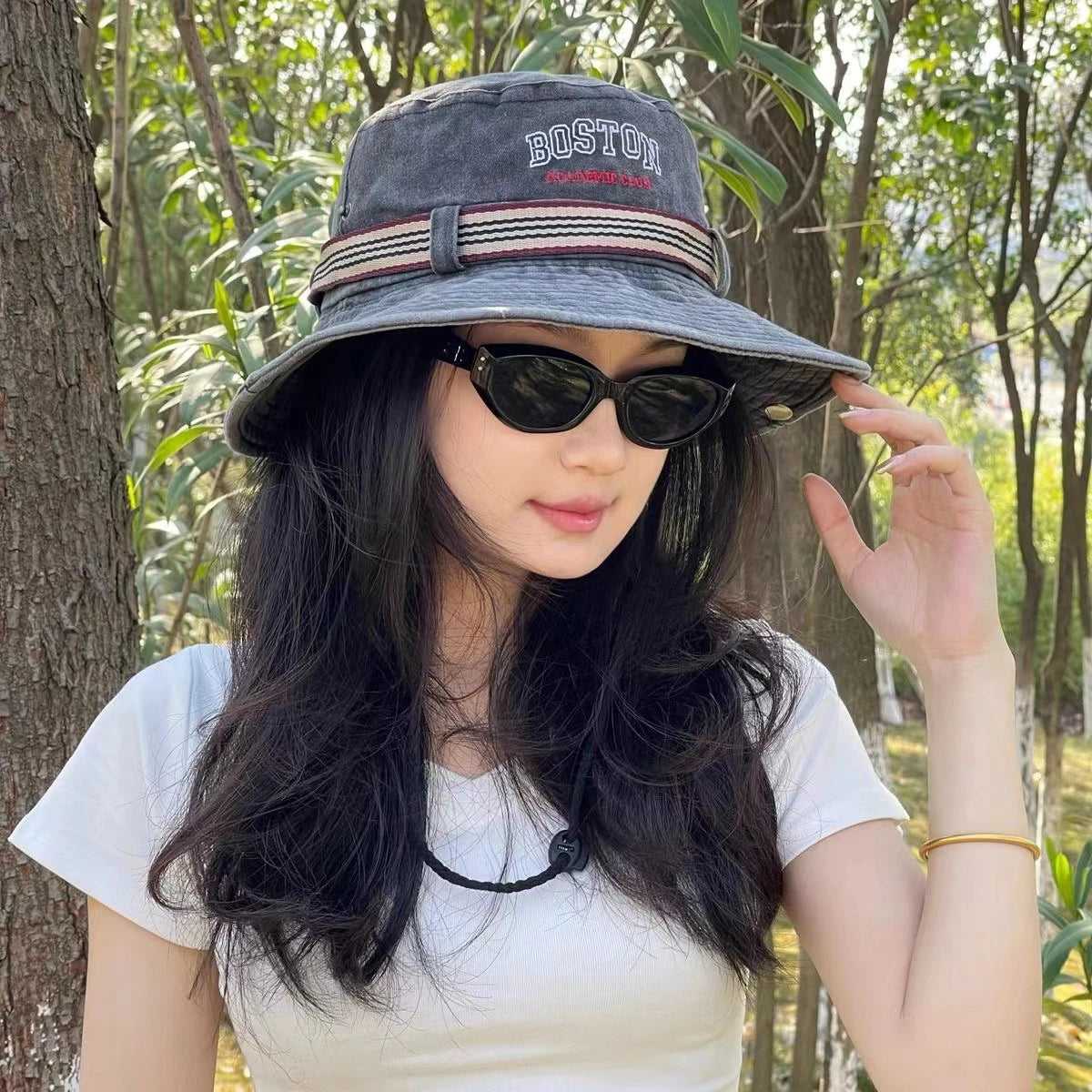 Washed Denim Bucket Hat Boston Embroidery Wide Brim Sun Hat