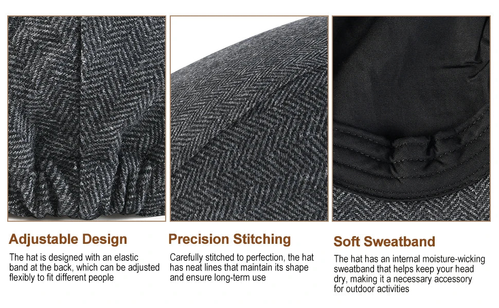 Men's Herringbone Flat Ivy Newsboy Hat Wool Blend Gatsby Cabbie Cap