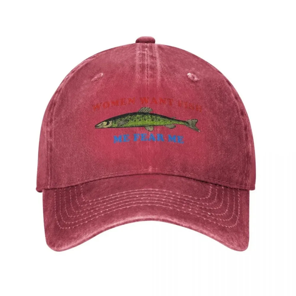 Women Want Fish Me Fear Me Baseball Cap Stuff Vintage Distressed Washed Funny