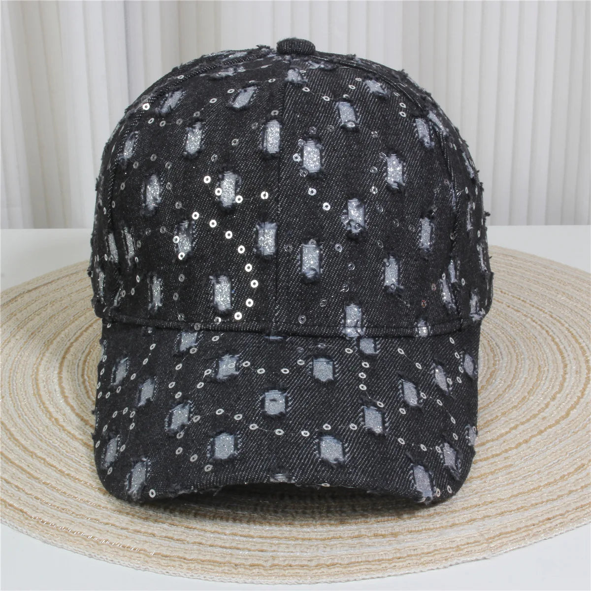 Fashionable Multiple Styles Of Glittering Sequin Frayed Denim Baseball Caps