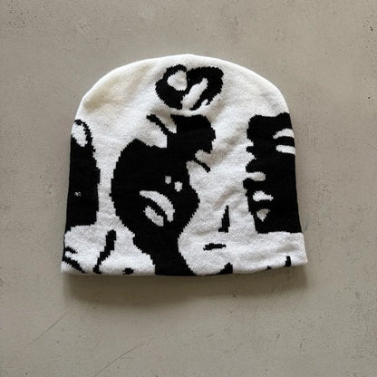Face Pattern Intarsia Beanie Hats, Winter Casual Windproof Elastic Skull Cap