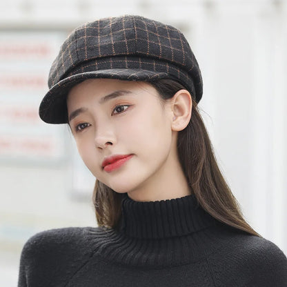Spring Autumn Plaid Octagonal Hat Women  Retro Beret Newsboy Cap