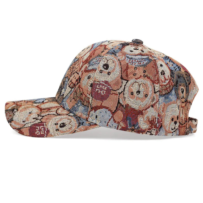 Retro Curved Brim Baseball Cap, Cute Cartoon Teddy Bear Dog Pattern Duckbill Cap