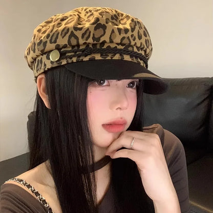 New Women Leopard Beret Hat Vintage Octagonal Cloud Pumpkin