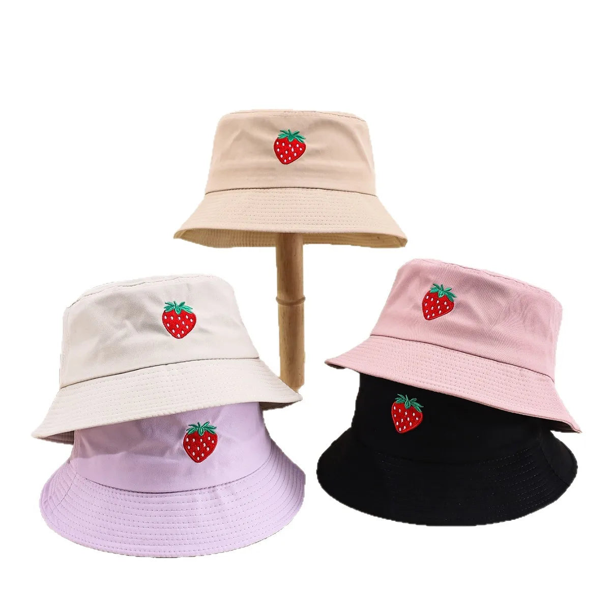 Unisex Summer Cute Bucket Hat For Women Solid Embroidery Strawberry