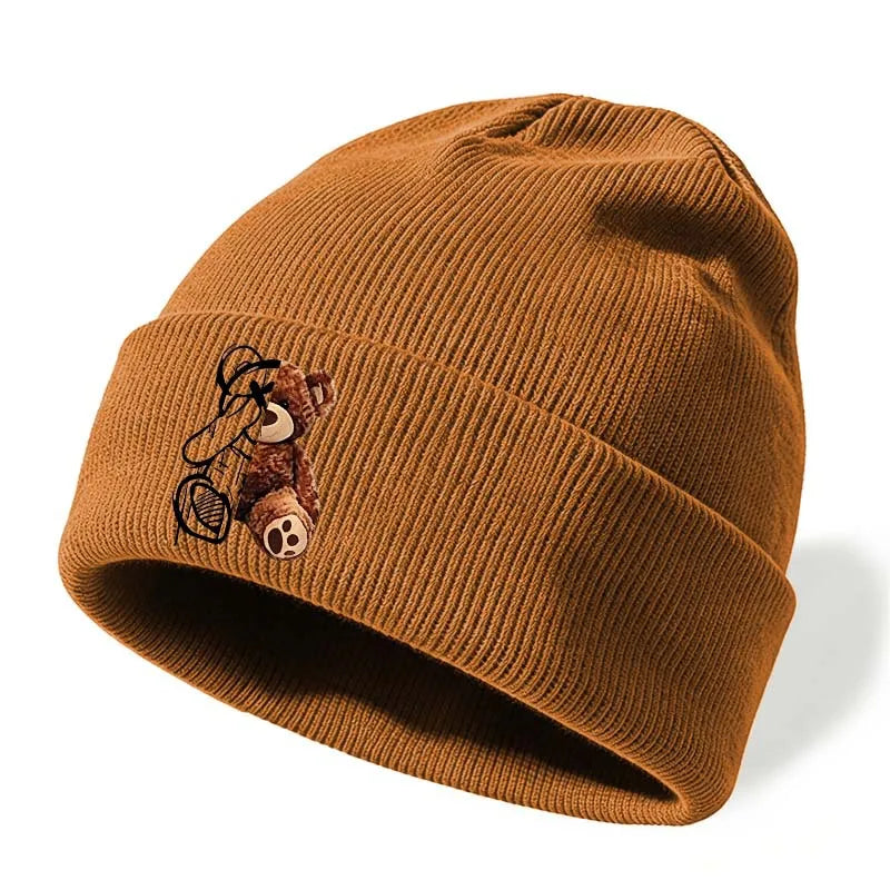 Cute Bear Embroidered Knitted Caps For Men And Women