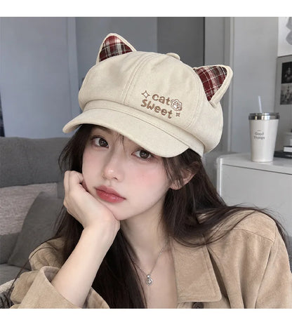 Kawaii Cat Ear Newsboy Cap Faux Suede Women Baker Boy Cap Letter Embroidery Autumn Snap Brim Y2k Hat