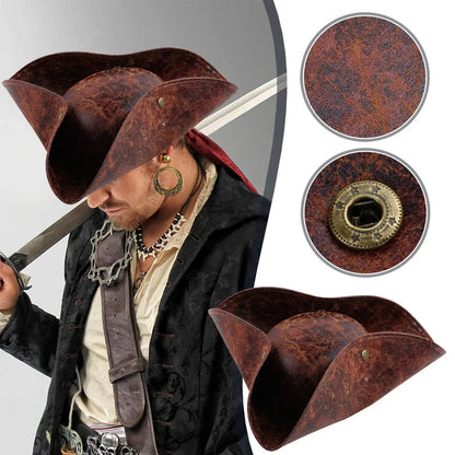 Faux Leather Pirate Hat Brown Captain Hat Vintage Button Masquerade Party Cosplay