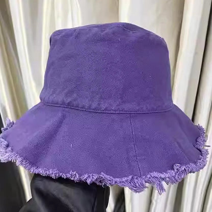 Frayed Edge Bucket Hat Japanese Style Solid Color Denim Fisherman Hat Women's