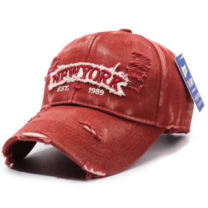 Letter New York Broken Hole Baseball Cap Washed Cotton