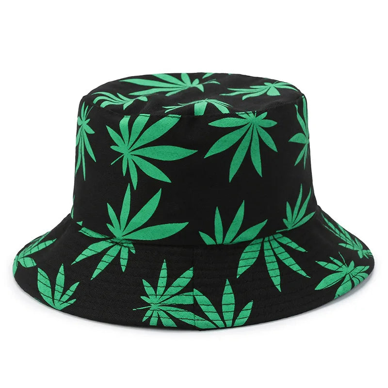 Unisex Double-sided Versatile Travel Sun Hats Fashionable Printed Flowerpot Hats Maple Leaf Fisherman Hat Black Color Simple Hat
