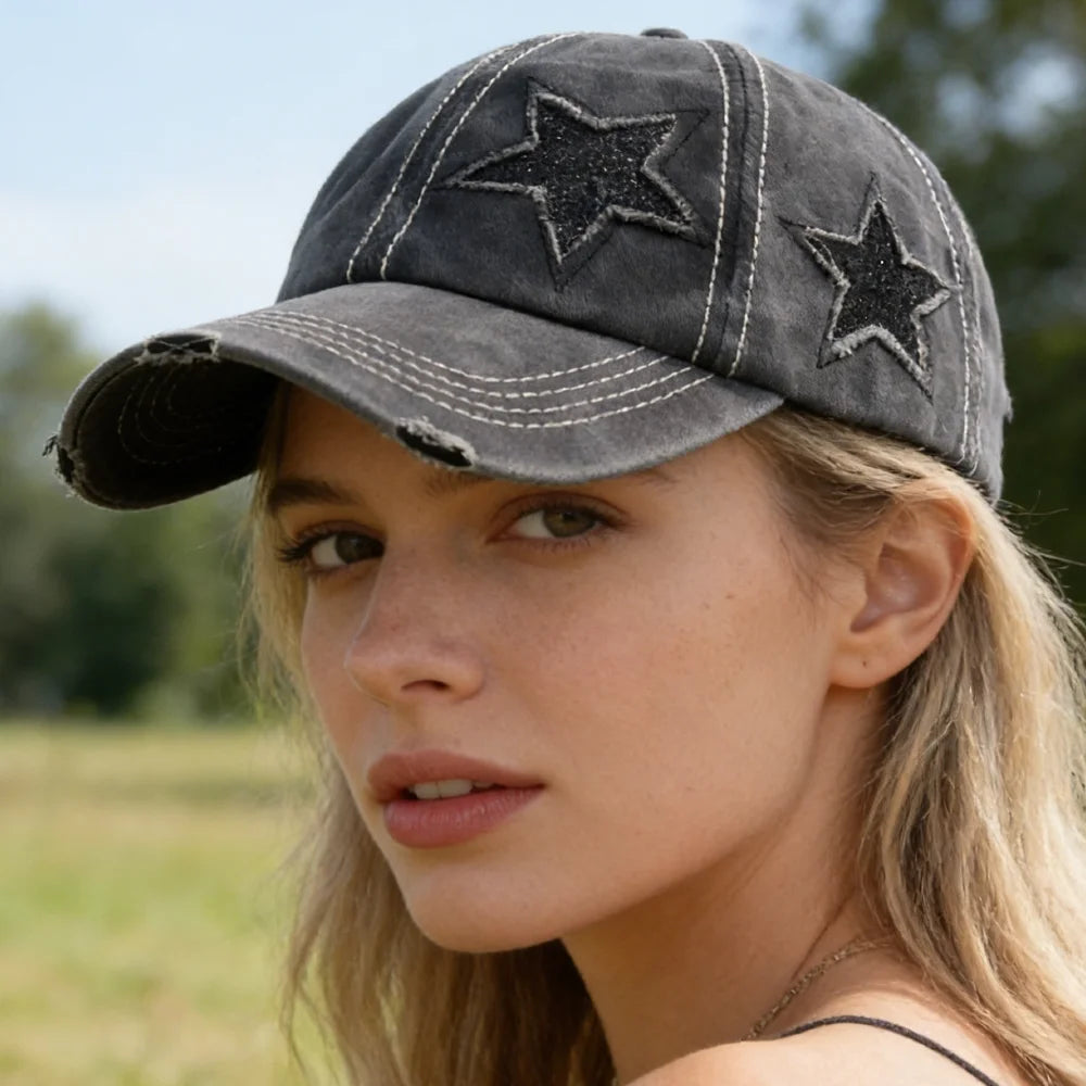 Fashion Women Ponytail Cap Sequins Fitve-Star Hole Design Baseball Cap Female