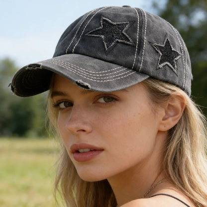 Fashion Women Ponytail Cap Sequins Fitve-Star Hole Design Baseball Cap Female