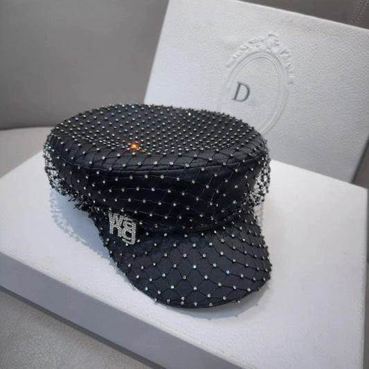 Vintage Letters Rhinestone Girl Newsboy Cap Black Mesh Full Diamond