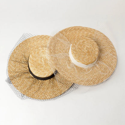 Short Height Women Straw Hat With Black Ribbons Mini Top