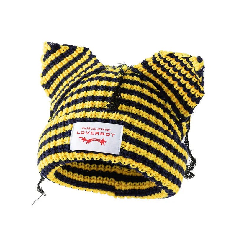 Winter Skullies Hat Unisex Cat Ear Hat Warm Crochet Knitted Hat