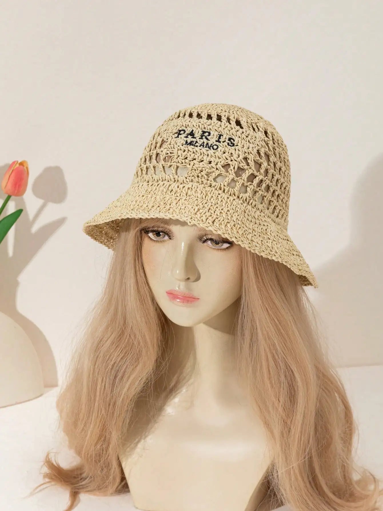 Inverted Triangle Letter Embroidery Handmade Crocheted Straw Hat