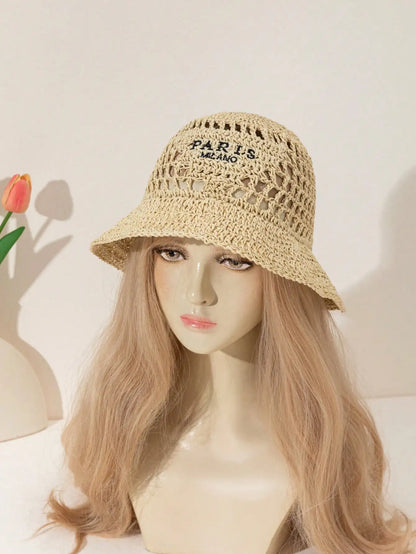 Inverted Triangle Letter Embroidery Handmade Crocheted Straw Hat