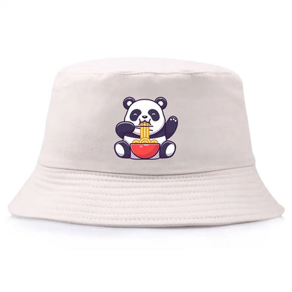 Panda Eating Noodles Pattern Reversible Bucket Hat Summer Outdoor Panama Fishing Cap