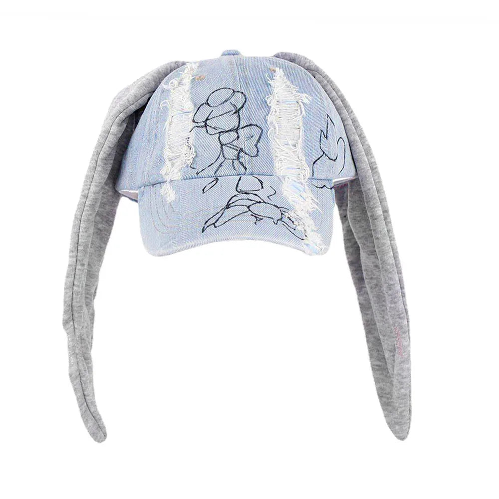 New MinJi Haerin Omg Stage Long Rabbit Ear Hat Y2k Style Denim Blue Baseball Cap