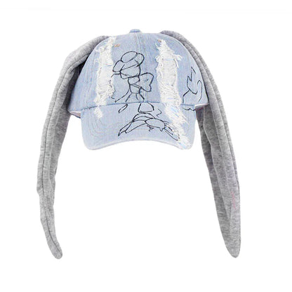 New MinJi Haerin Omg Stage Long Rabbit Ear Hat Y2k Style Denim Blue Baseball Cap