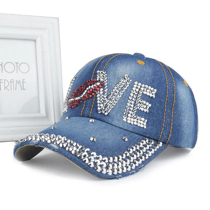 New Women Washed Denim Rhinestone Crown Baseball Cap