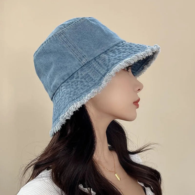 Vintage Denim Bucket Hat Distressed Frayed Brim