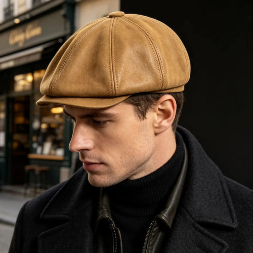 Waterproof Real Leather Sheep-Skin Newsboy Flat Cap