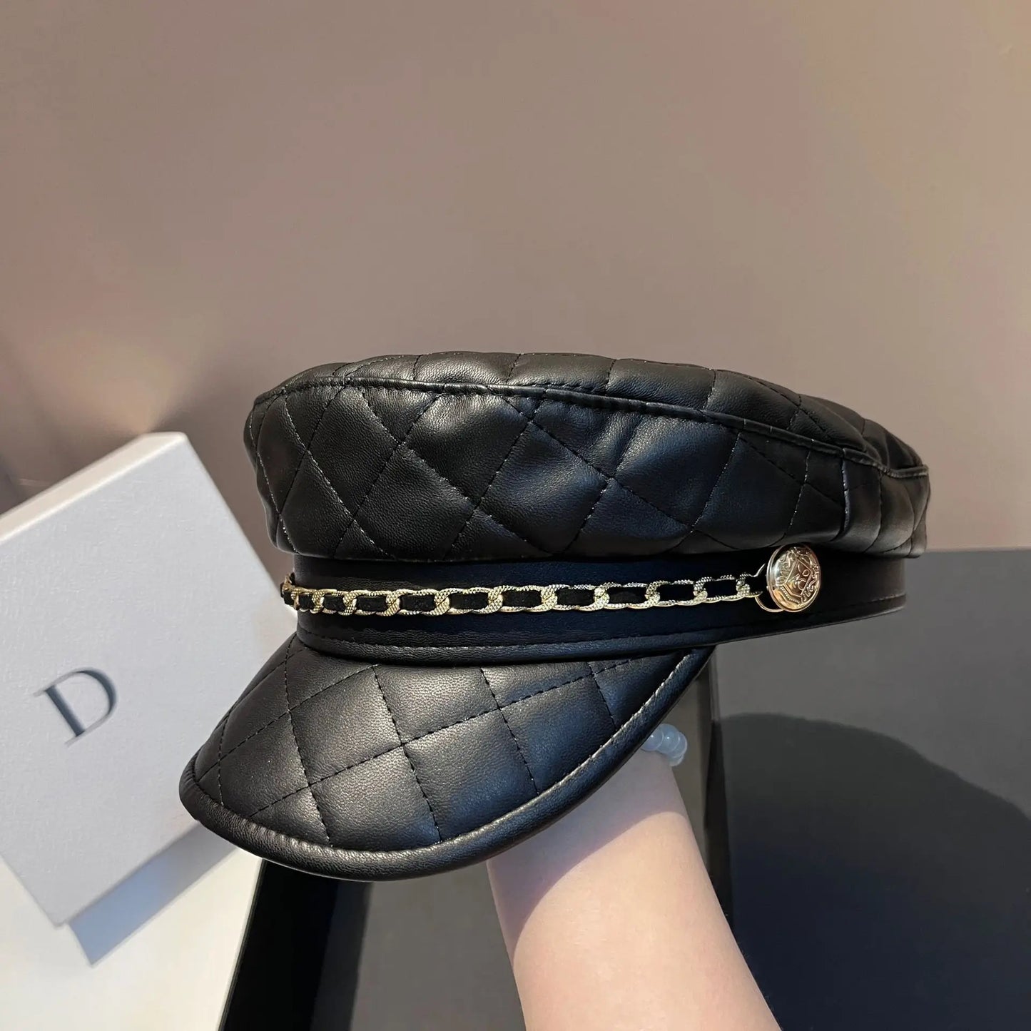 Europe And The United States Simple Light Luxury Plaid Leather Navy Hat
