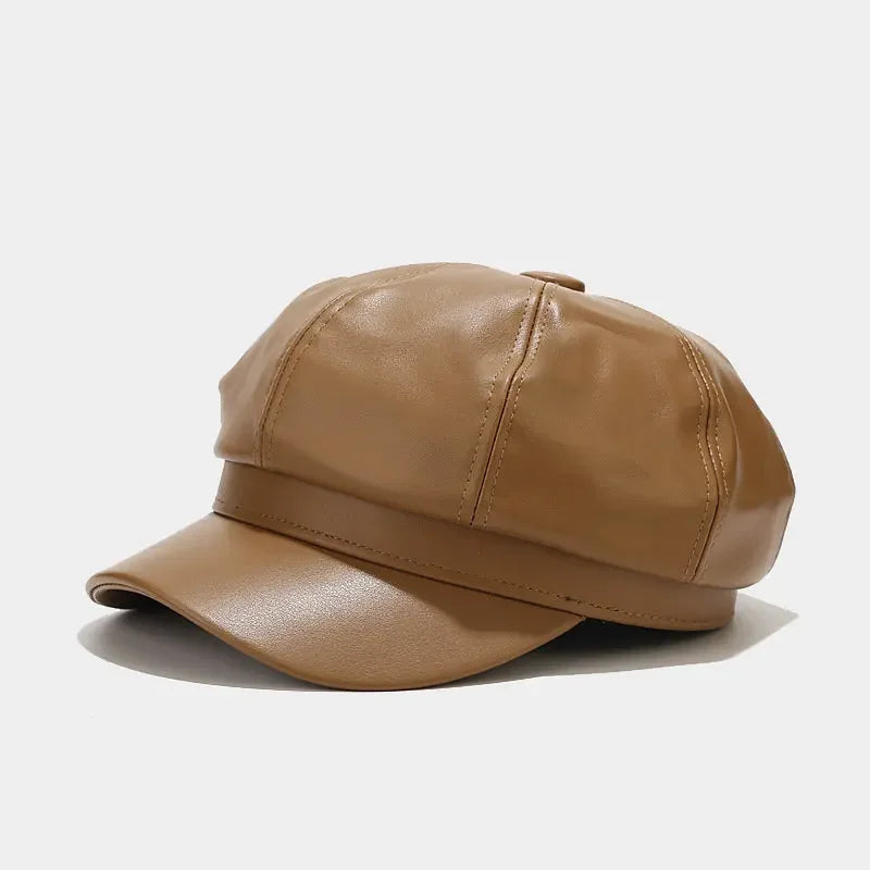 Four Seasons Pu Solid Beret Octagonal Cap Painter Hat