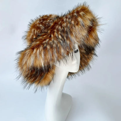 Luxury Fluffy Women Faux Fur Bucket Hats Oversized 17cm Wide Brim