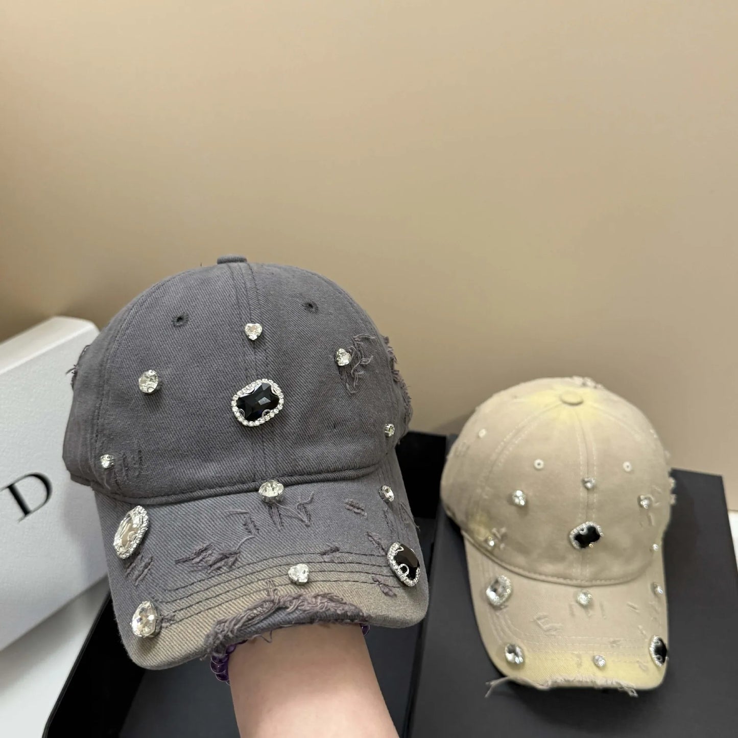 Luxury Rhinestone Hole Cotton Washed Baseball Cap