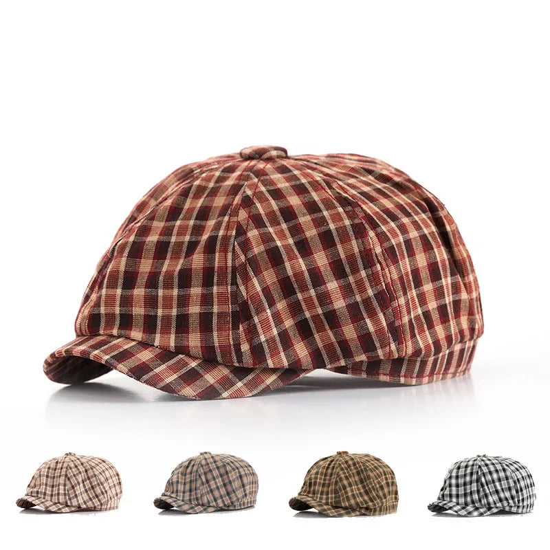 Checked Cloth Octagonal Cap Cotton Blends Plaid Men Casual Newsboy Caps