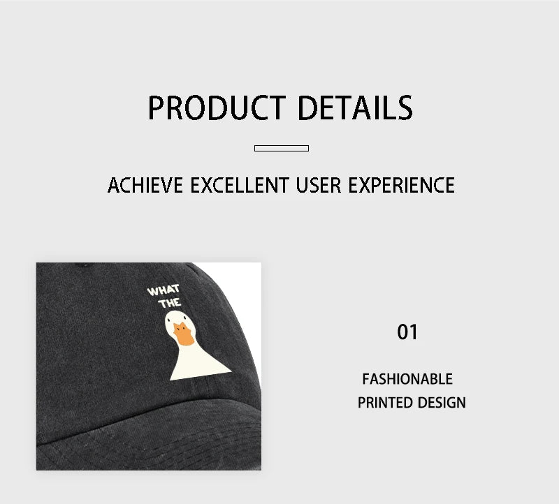 Washed Baseball Cap With What The Duck Print  Adjustable Curved Brim Dad Hat For Casual Streetwear & Daily