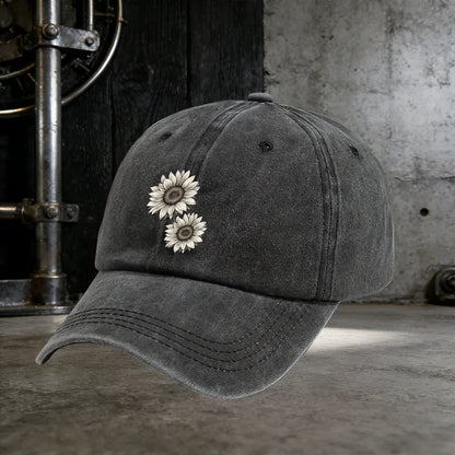 Sunflower Print Washed Baseball Cap Distressed Cotton Vintage