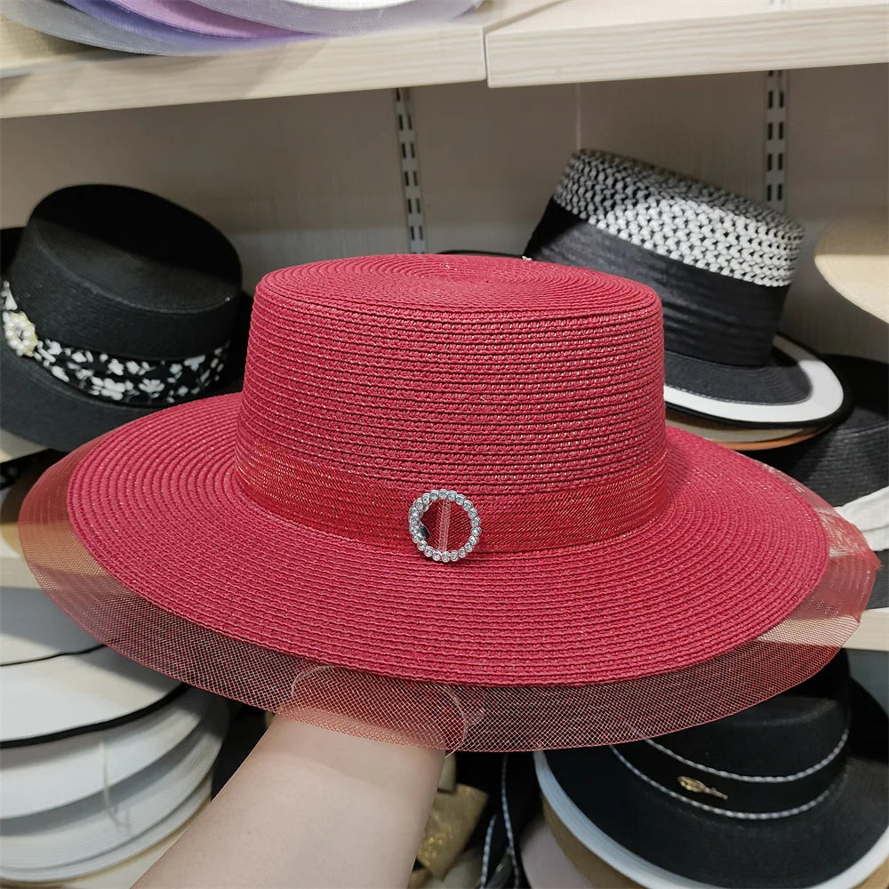 Woolen Rhinestone Solid Color Basin Hat Leisure Outdoor Beach Sun Hat