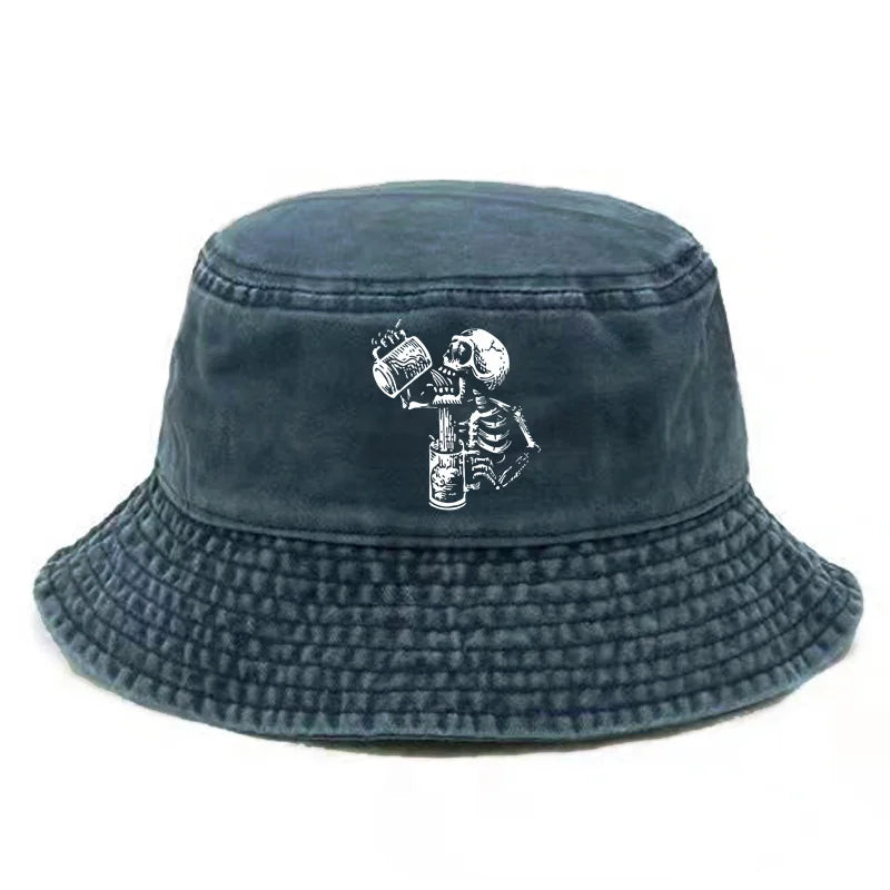 Skull Drunk Bucket Hat Distressed Hats Cap Washed Men Retro Outdoor Summer