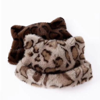 Winter Plush Teddy Bear Hat For Women Leopard Print Ear Protection Cap