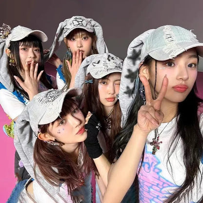 Niche Y2k Rabbit Ears Denim Ripped Baseball Cap Men and Women