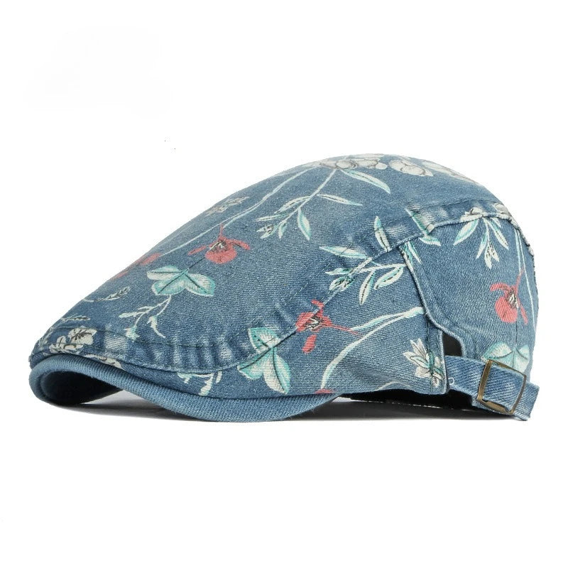 New Vintage Print Denim Beret Women Men Cotton Newsboy Cap