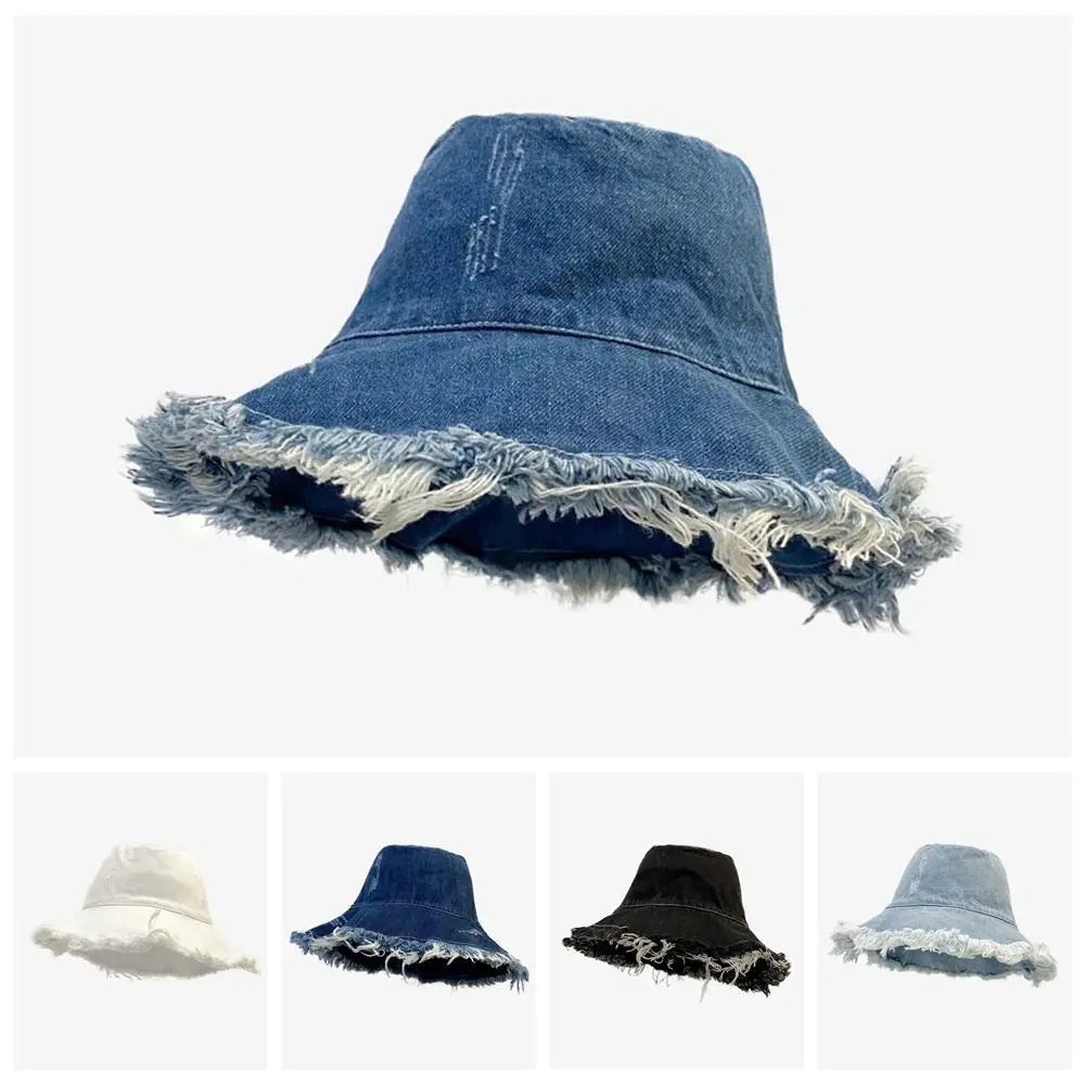 Soft Retro Denim Bucket Hats Sunshade Wide-Brimmed Shabby Fisherman Hat