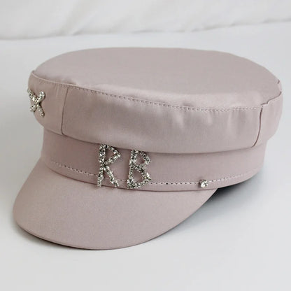 2025 Trendy Satin Letter RB Military Hats Crystal Flat Top Baker Boy Hat Visor