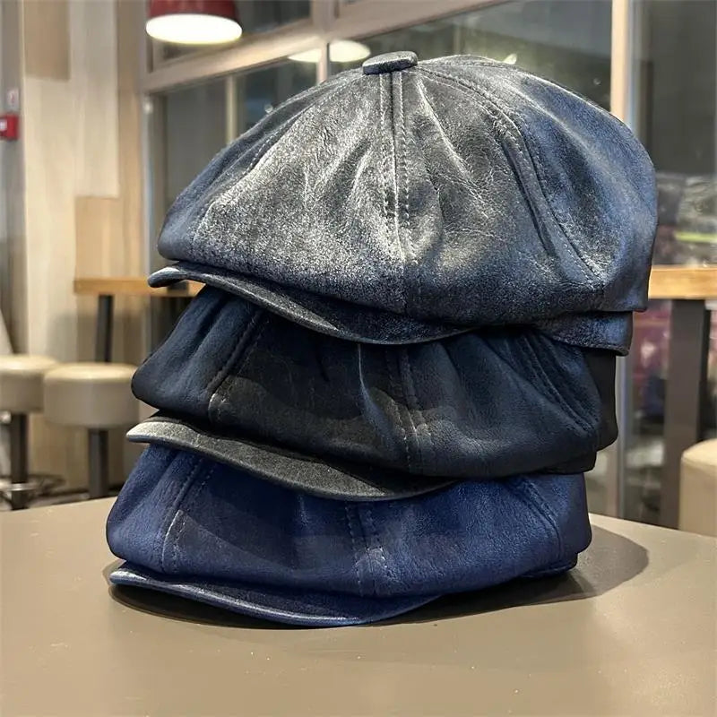 Vintage Distressed Leather Baker Boy Cap