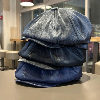 Vintage Distressed Leather Baker Boy Cap